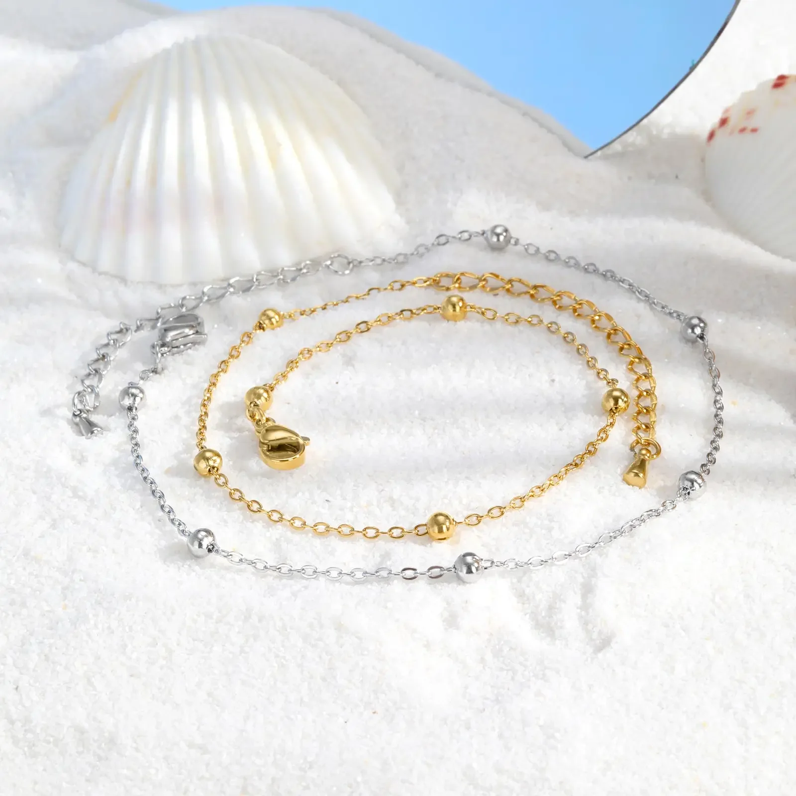 Pulseiras de corrente de tornozelo com bola de contas boho para mulheres, tornozeleira de aço inoxidável banhada a ouro, presente de joia de pé à prova d'água para praia de verão