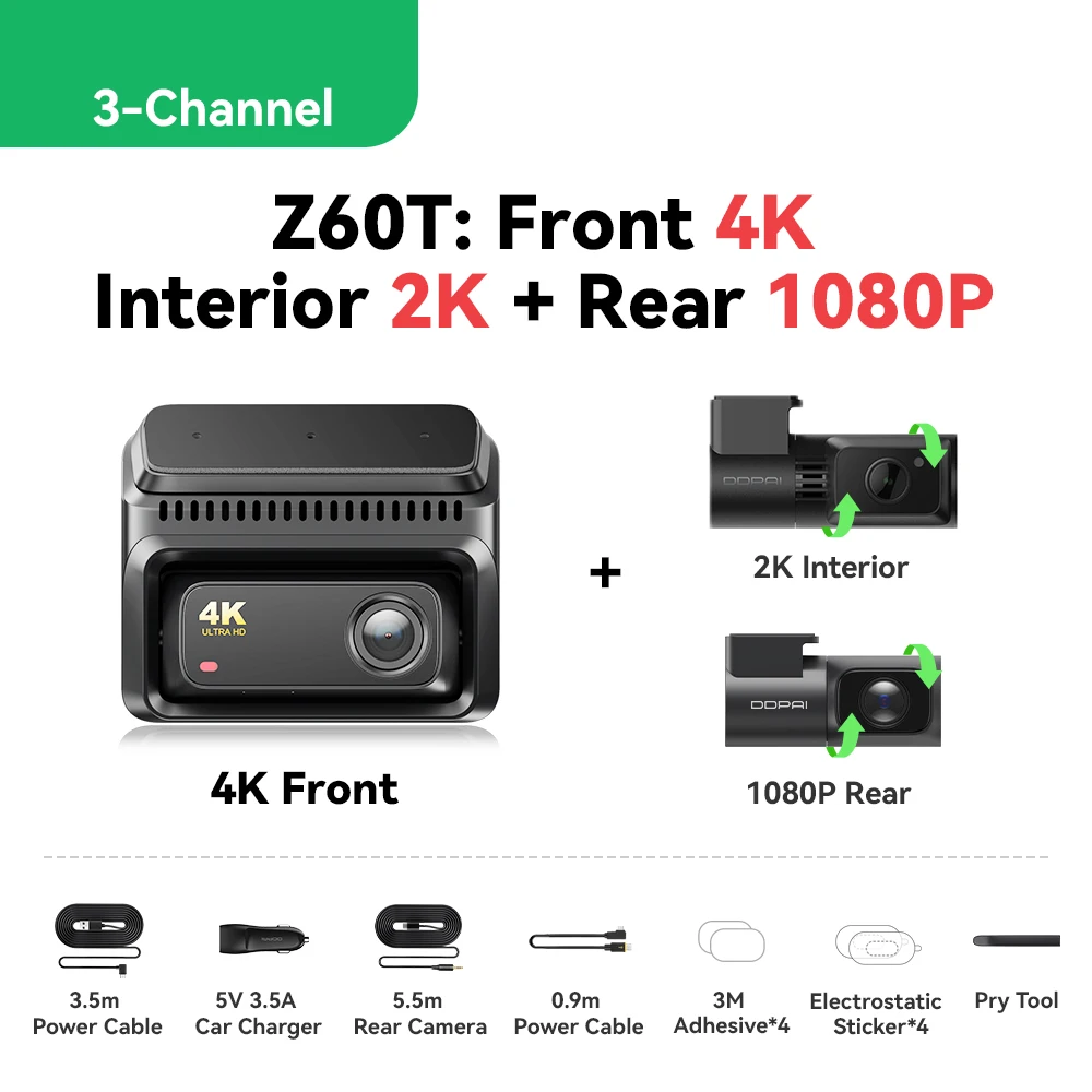 DDPAI Z60T Dashcam 3-kanaals HDR Front 4K Achter 2K Interieur 1080P Nachtzicht ADAS GPS WiFi 6 24-uurs parkeerbewaking Auto DVR