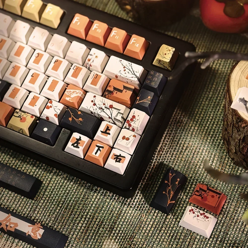 Persimmon Red Themed Keycaps Chinese Style 143-Key Pbt Cherry Orange Keycaps 2.25U/2.75U/7 Space Bar Alice Layout Keycaps