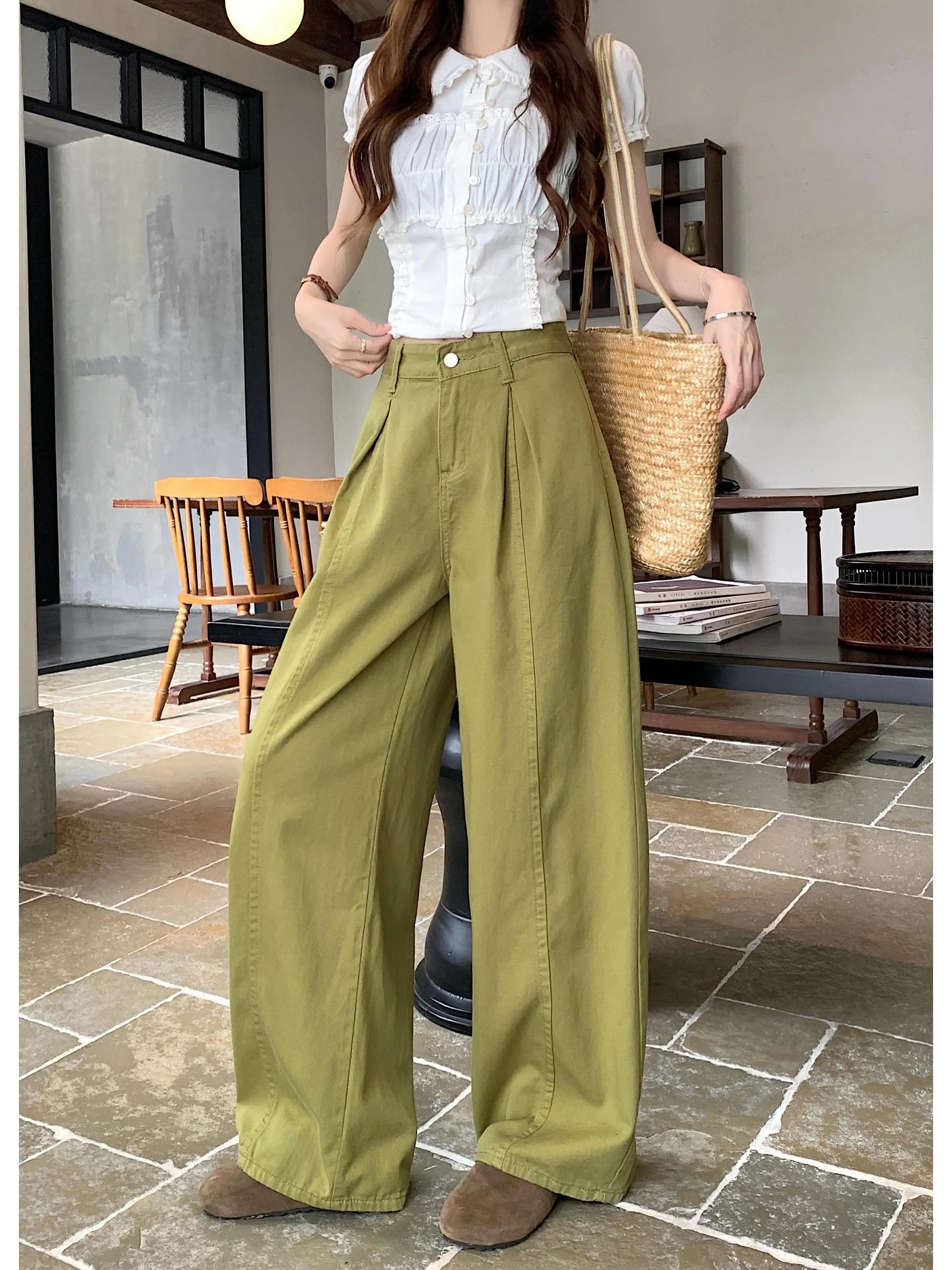 

Retro Avocado Green Denim Jeans Women's Summer New Style Hot Girl Pleated Loose Slimming Straight Leg Pants High Waist Zipper...