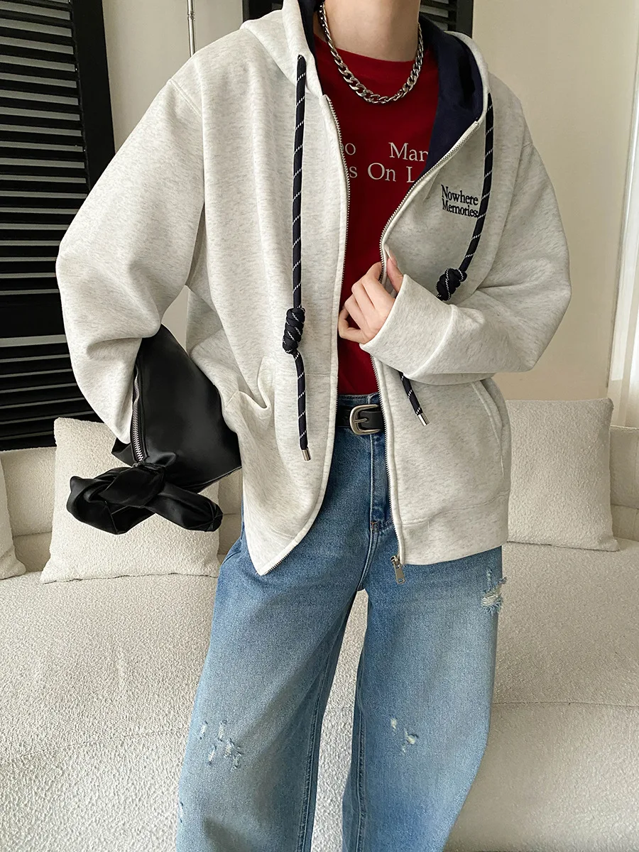 Early Spring New American Letter Embroidery Design with Drawstring Hooded Loose Fit Hoodie Jacket