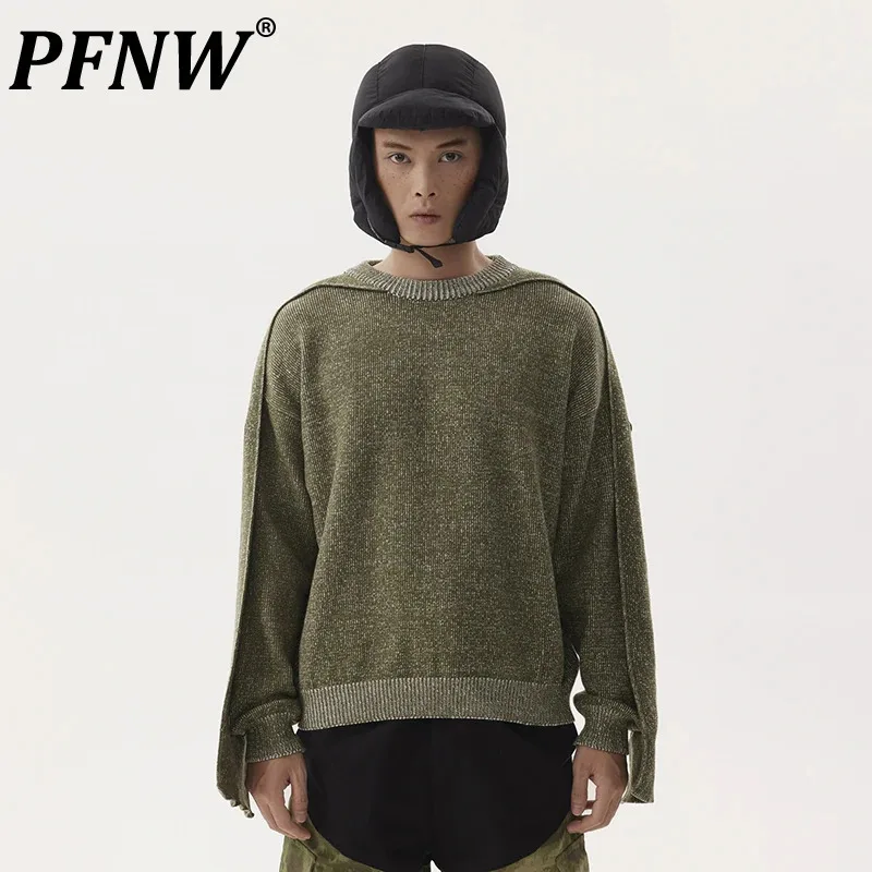 PFNW American Deconstructive Button Texture Design Sweater Men's Lazy Style Round Neck Niche Thick Knitted Tops Trendy 28W5106