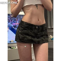 ReddaChic Y2k Women's Camouflage Jean Skorts Zipper Decor Low Waist A-line Denim Skirt Shorts Vintage Sexy Summer Streetwear