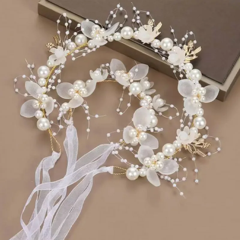 2-piece Fairy Princess Hairband and Bracelet Set - Imitation Pearl and Floral Design, White & Pink Wedding and Birthday Party Ac