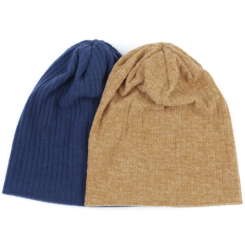 Women Plain Cotton Ribbed Beanies Hat Autumn Winter Warmer Knitted Hats Ladies Stretch Slouchy Striped Baggy Skullies Cap