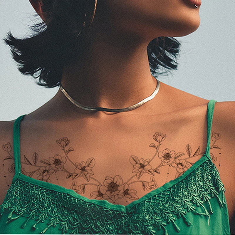 Black Element Sexy Blooming Flowers Chest Tattoo Sticker, Back and Abdomen Realistic Temporary Waterproof Sticker