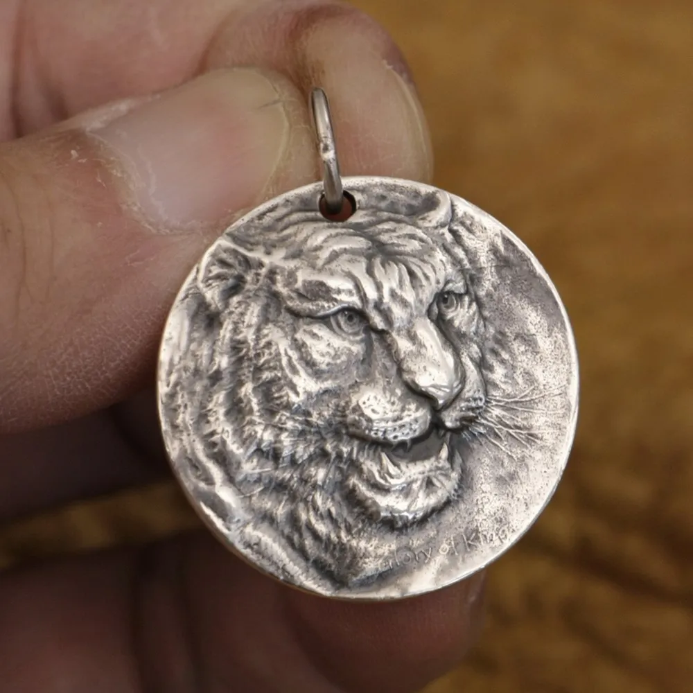 925 Sterling Silver Tiger King Pendant Biker Rock Punk Jewelry TA318 Dia. 28mm BZ