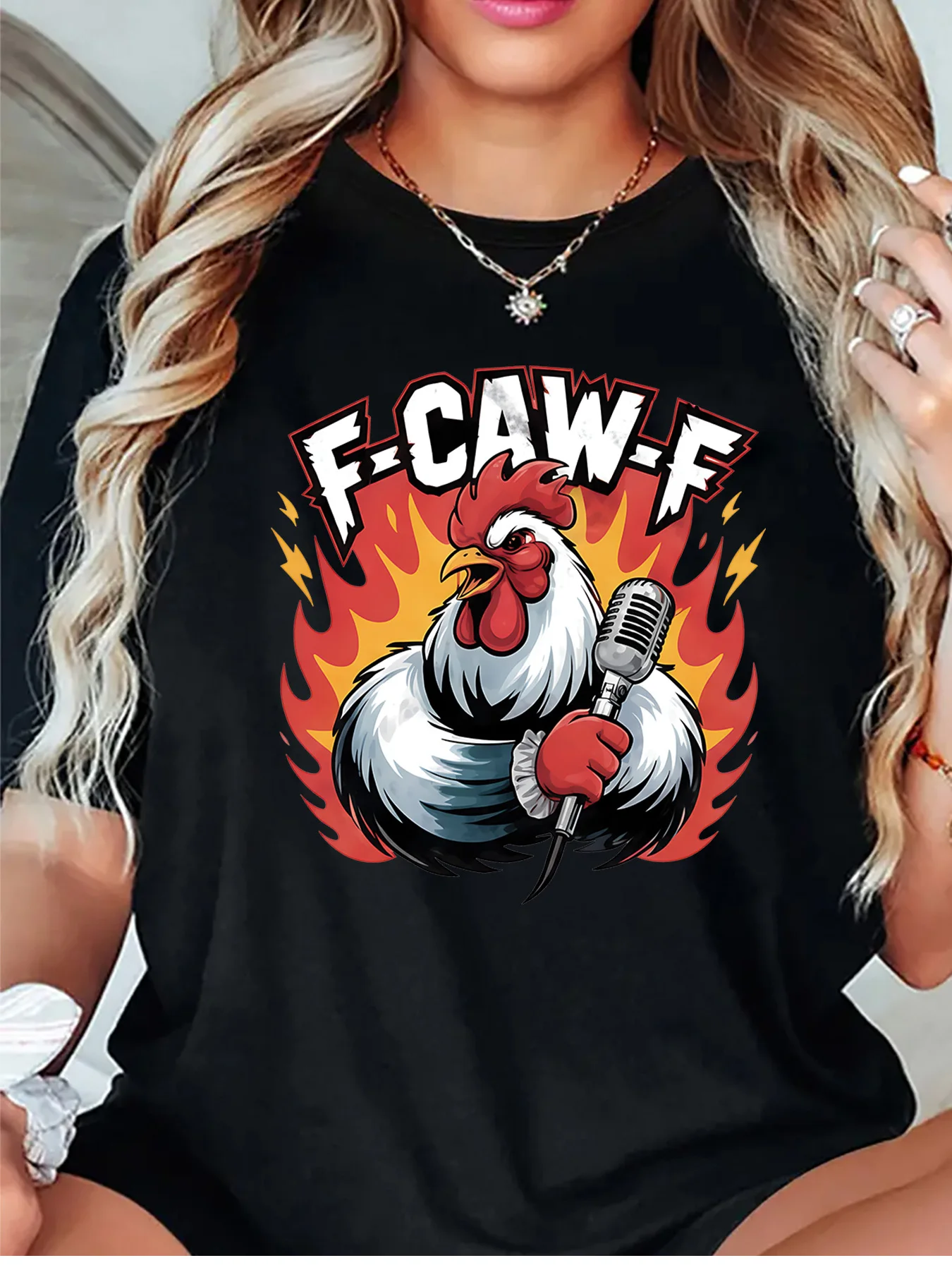 Funny F Caw F Rock Rooster Microphone Cartoon Art Print Graphic Womens T Shirt Short Sleeve Crew Neck Casual Ladies Tee Tops