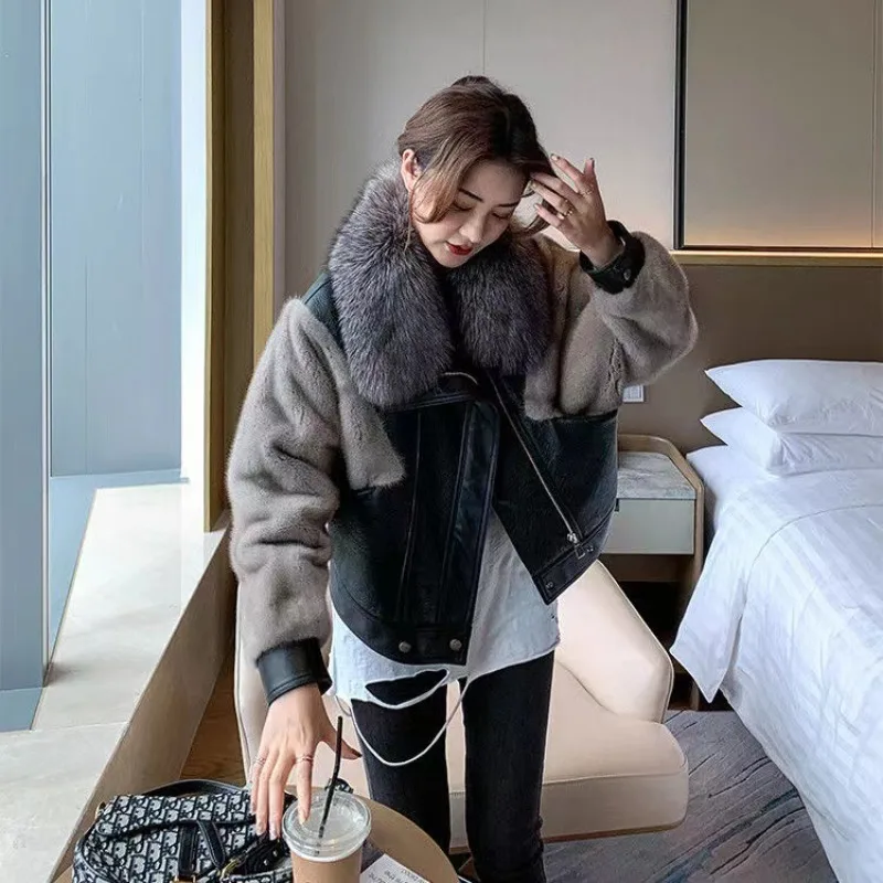 Women's Clothing Winter New Faux Fox Fur Coat PU Leather Patchwork Women's Loose Faux Mink Fur Jacket Fashion Comfortable