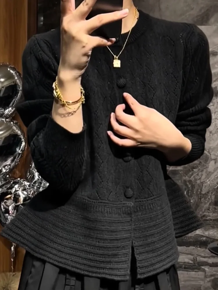 

Ele round Ne Knitted Open Cardigan plus Size Versatile Slimming Age-Defng Top for Autumn Season Korean Sle Casual Wear