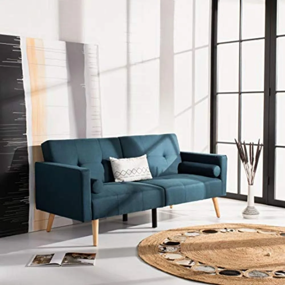 Couch Modern Navy and Natural Foldable Futon Sofa