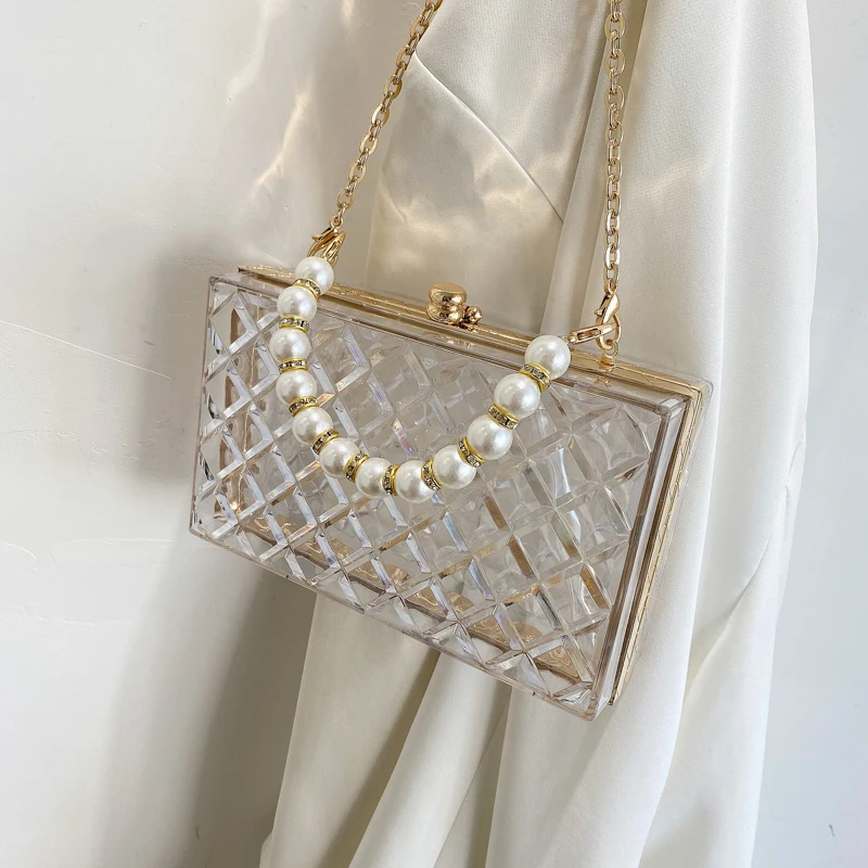 Colorful Transparent Pvc Shoulder Bag for Woman 2024 Luxury Designer Handbag and Purse Pearl Crossbody Bag Summer Ladies Box Bag