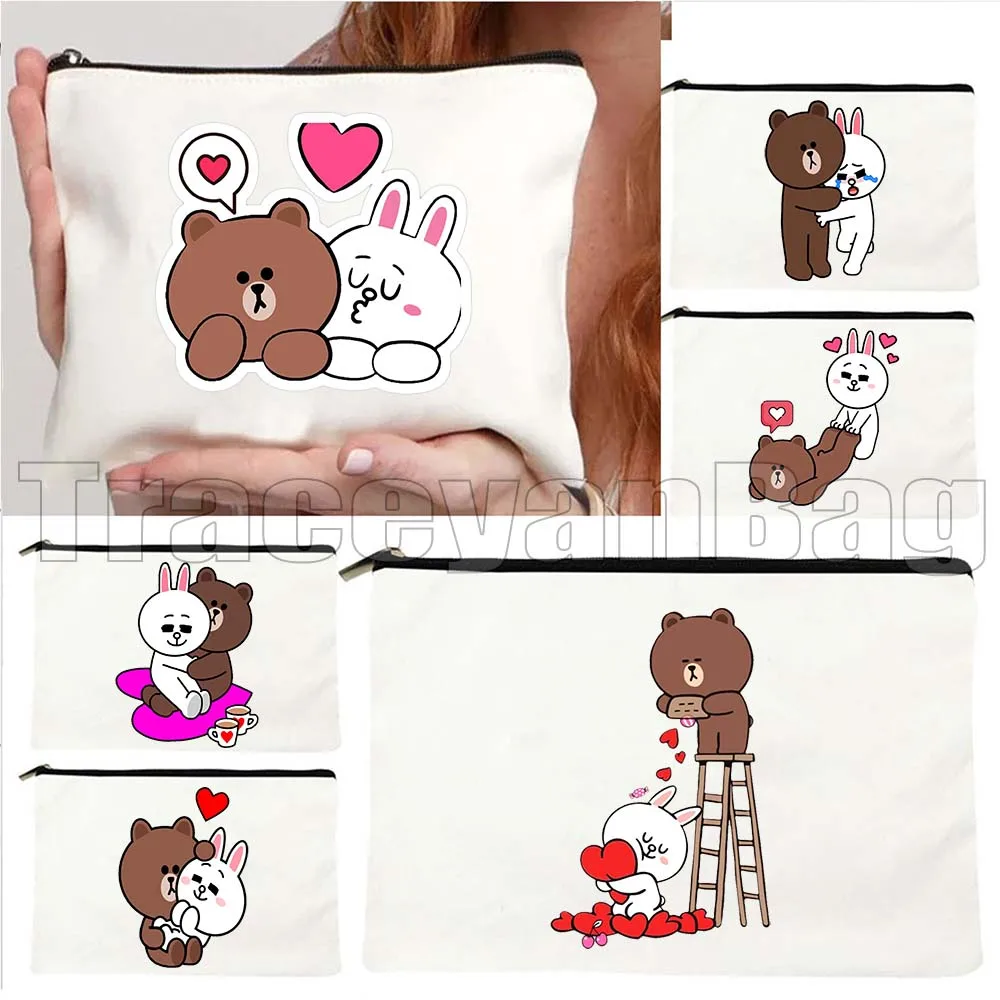 

Cute Brown and Cony Love Heart Couple Bear Valentine Gifts Canvas Cosmetic Makeup Toilet Bag Pencil Case Pouch Key Coin Purse