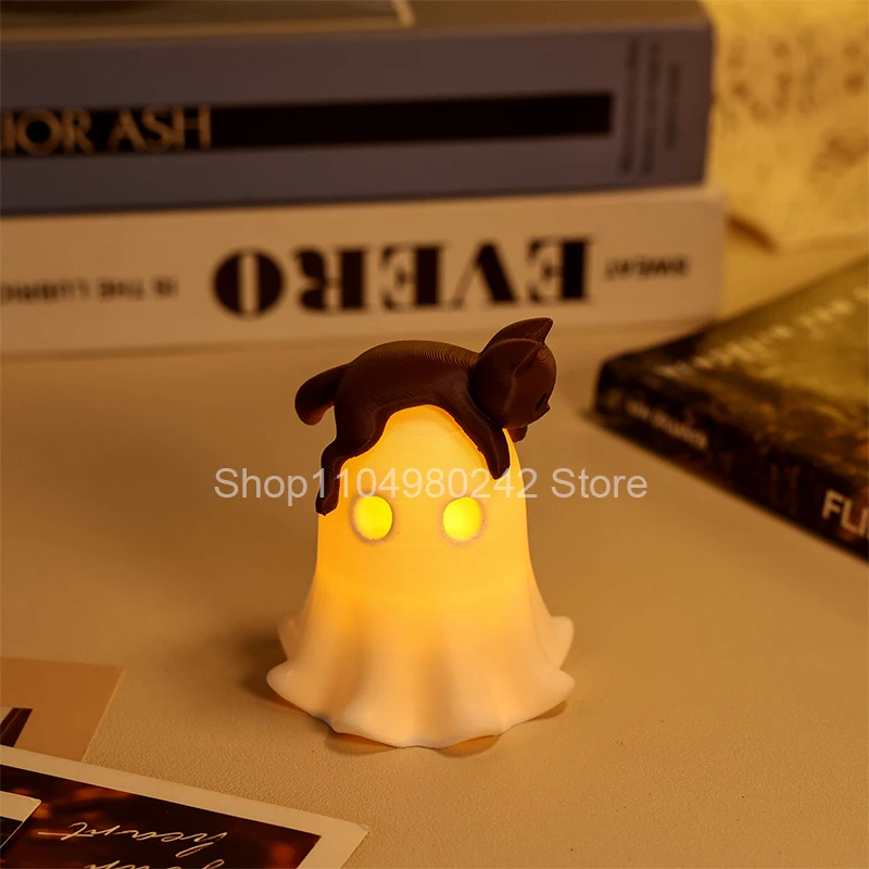 3D Printed Cat Crouching On Ghost Figurine Statue Cartoon Animal Creative Lamp Desktop Decoration Birthday Halloween Gifts