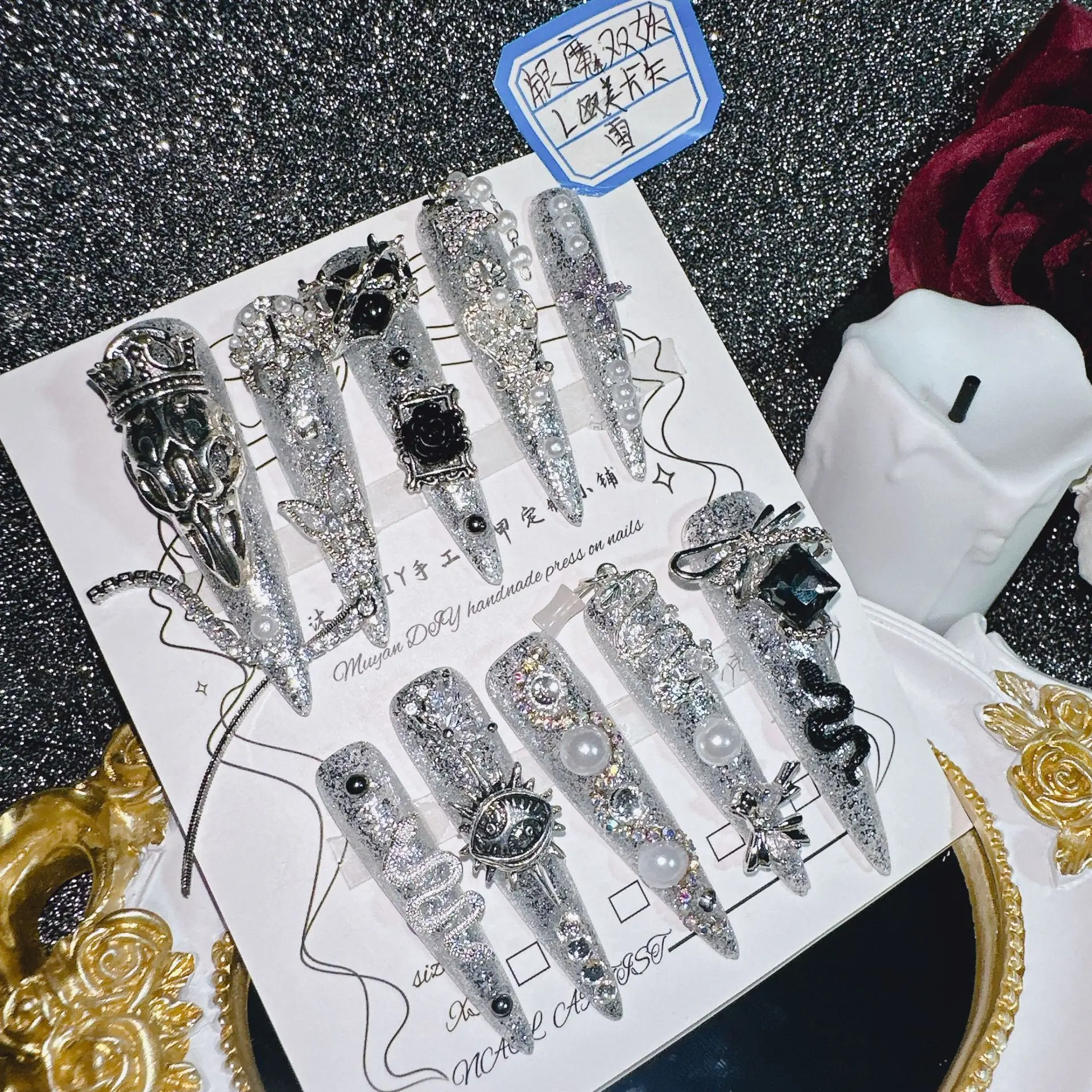 

Dark Magic Mirror Heavy-Duty Nail Stickers Set Flexible Resin 3D Metal Crown Snake Black Diamond Pearl Silver Glitter Chain Easy