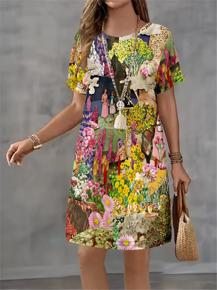 Women A-Line Dress Fashion Flower Pattern Printing Summer New Temperament Elegant Casual Women Dress Short Sleeve Mini Dress