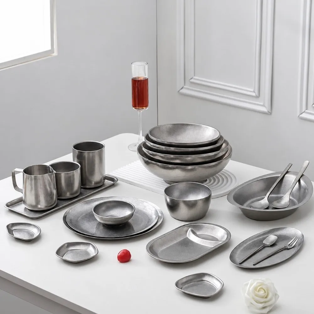 New Stainless Steel Vintage Tableware Stackable Round Metal Dinner Plate Frosted Dish Durable Dessert Plate Set Dishware