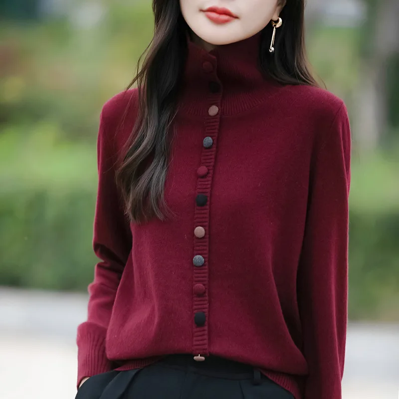 Cardigan Women Sweaters Coats Stand Collar Thick Jackets Full Sleeve Jumpers Coat Y2k Streetwear Elegant Knit Autumn Winter