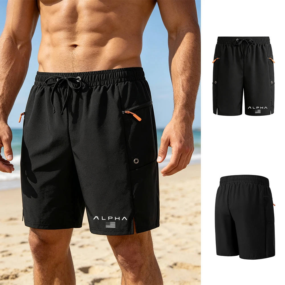 Men's Summer Quick Dry Casual Shorts Alpha Printed Loose Fit Sports Shorts Breathable Mesh Lining Multiple Colors Available