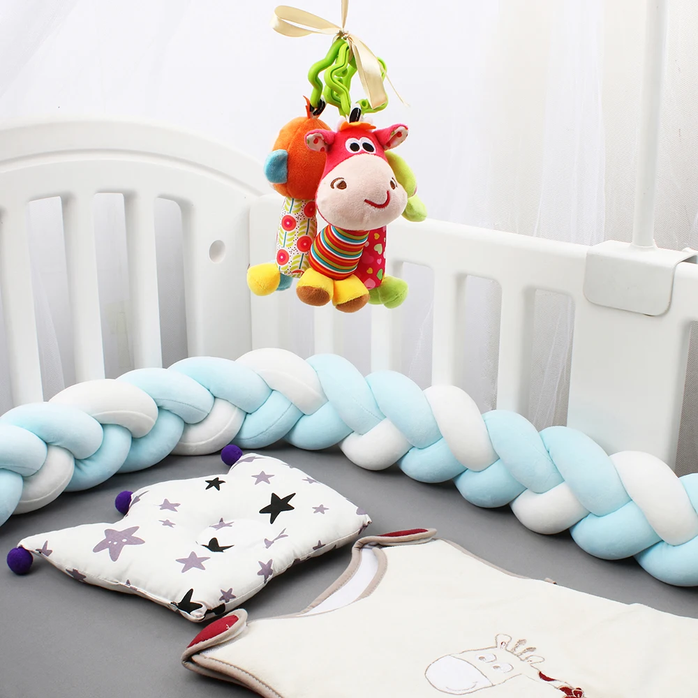 Parachoques trenzado para cuna de bebé, decoración para habitación infantil, azul, azul y blanco