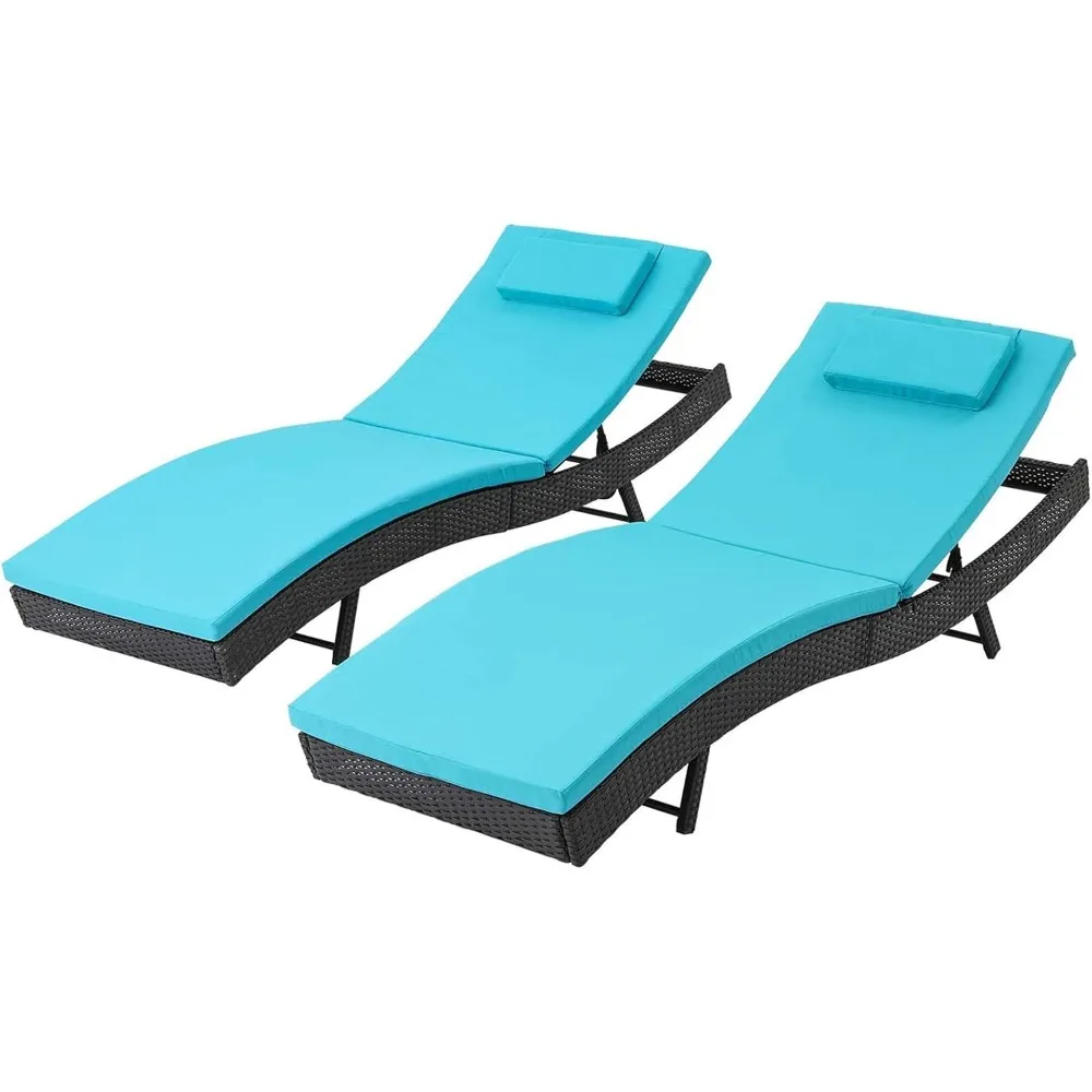 

Outdoor Lounge Chair, Patio Wicker Adjustable Backrest Double Chaise Lounge with Thick Blue Cushion for Beach Pool Yard, 2 Pack|