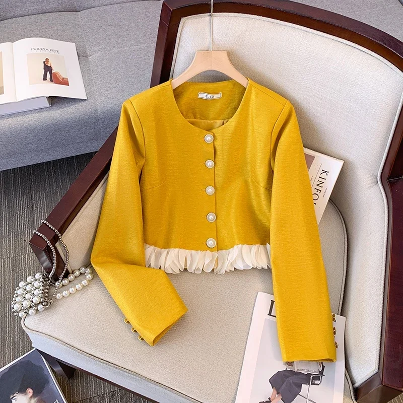 Elegant Quality Casual Yellow Suit Set for Women Female Lady, 2024 Autumn New Trendy Contrast Color Long-sleeve Top and Skirt