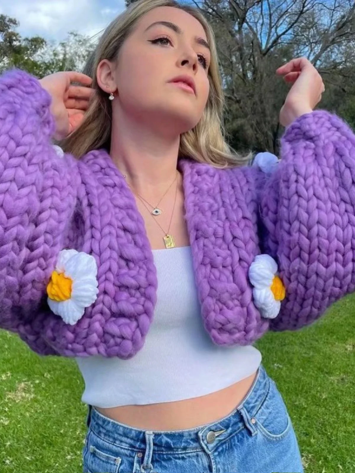 

American Lazy Sle Ins Retro Loose Puff Flower Handmade 3D Flower Thi Knitting Sweater Knitted Jaet