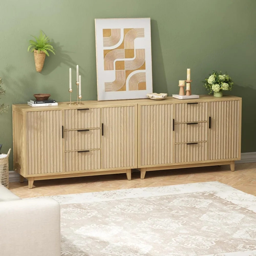 

Set of 2 Storage Cabinet with 3 Drawers, Fluted Buffet Cabinet with Storage, Large Sideboard Cabinet with 2 Door