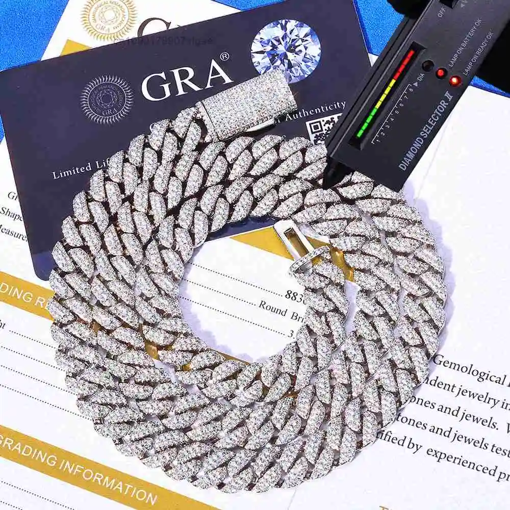 10mm NUOYA 925 Silver Flip Buckle 3 Rows Diamond Cuban Chain Iced Out VVS Moissanite Cuban Necklace Hip Hop Jewelry.