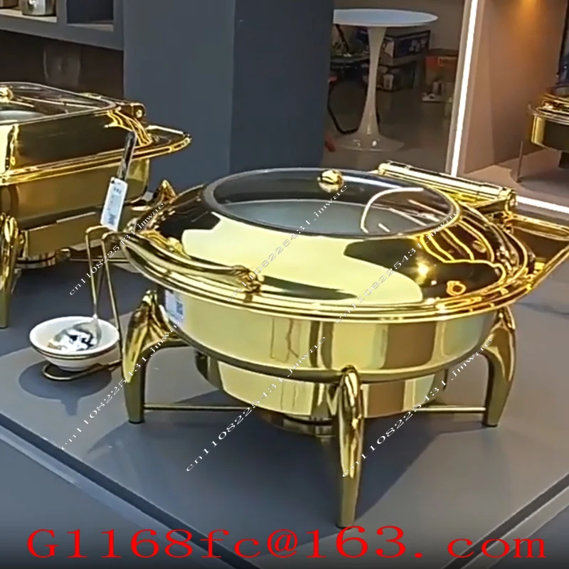 6.8L Banquet Wedding Vegetables Stainless Steel Buffet Stove Bell Dome Soup Food Heater Set  Round Party Hotel Golden Hot Pot