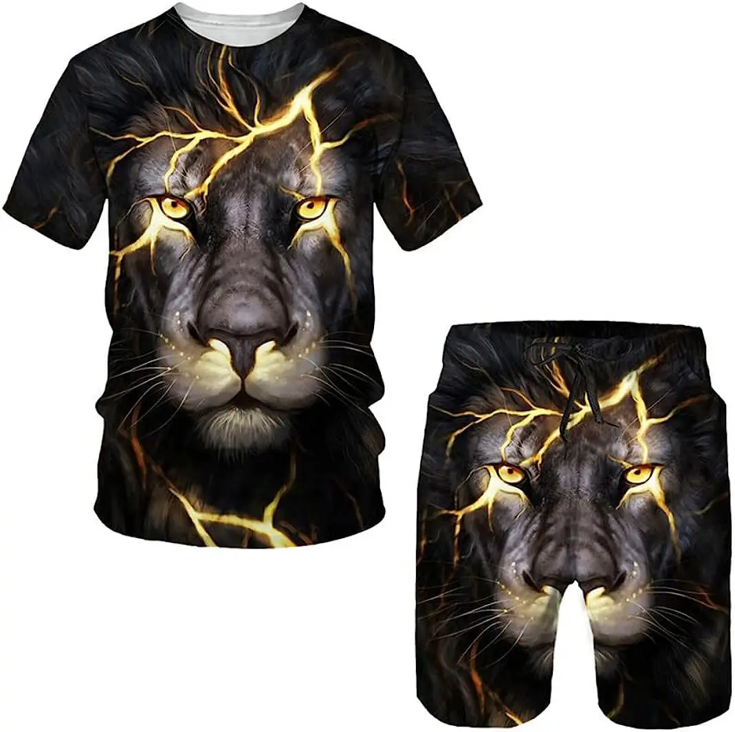 Men\'s Cool Lion Print T-shirt Suit 3D Summer Casual Style Male Tees Shorts Set Popular Outdoor Men\'s Clothing O-neck Sportswear