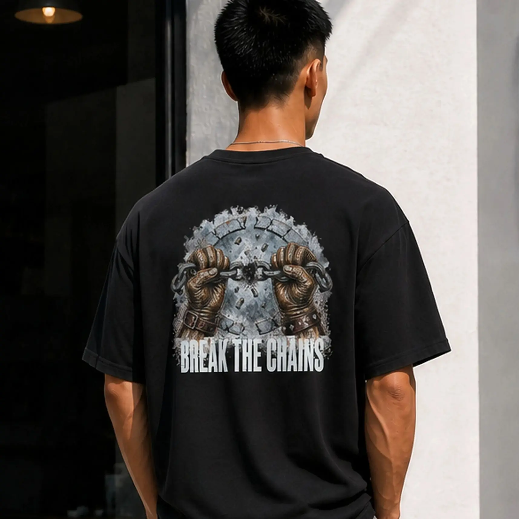 Men Break The Chains Graphic Print O-Neck T-shirt Loose Oversized Short Sleeve Top Heavyweight Dark Vintage Streetwear