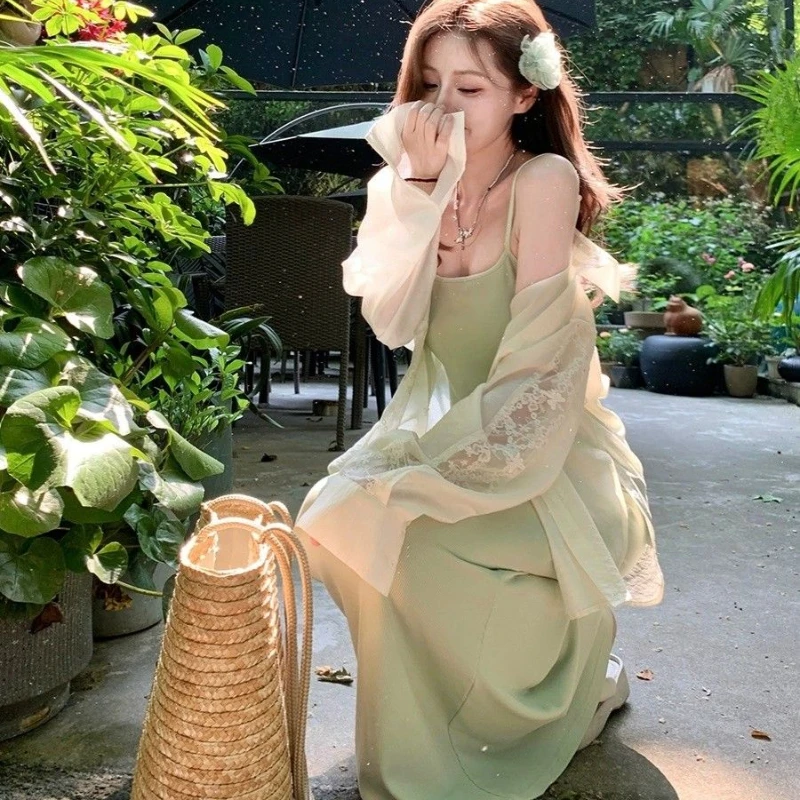 

Women's Clothing Korean Style Green Shirt Long Sleeve Lace Insert Summer Loose Fit Lightweight Breathable Street Fashion