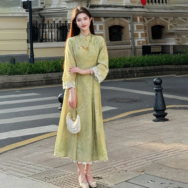 Gaun Cina, Qipao gaun wanita Cheongsam bercetak renda pakaian musim semi musim gugur Retro lengan panjang tradisional elegan