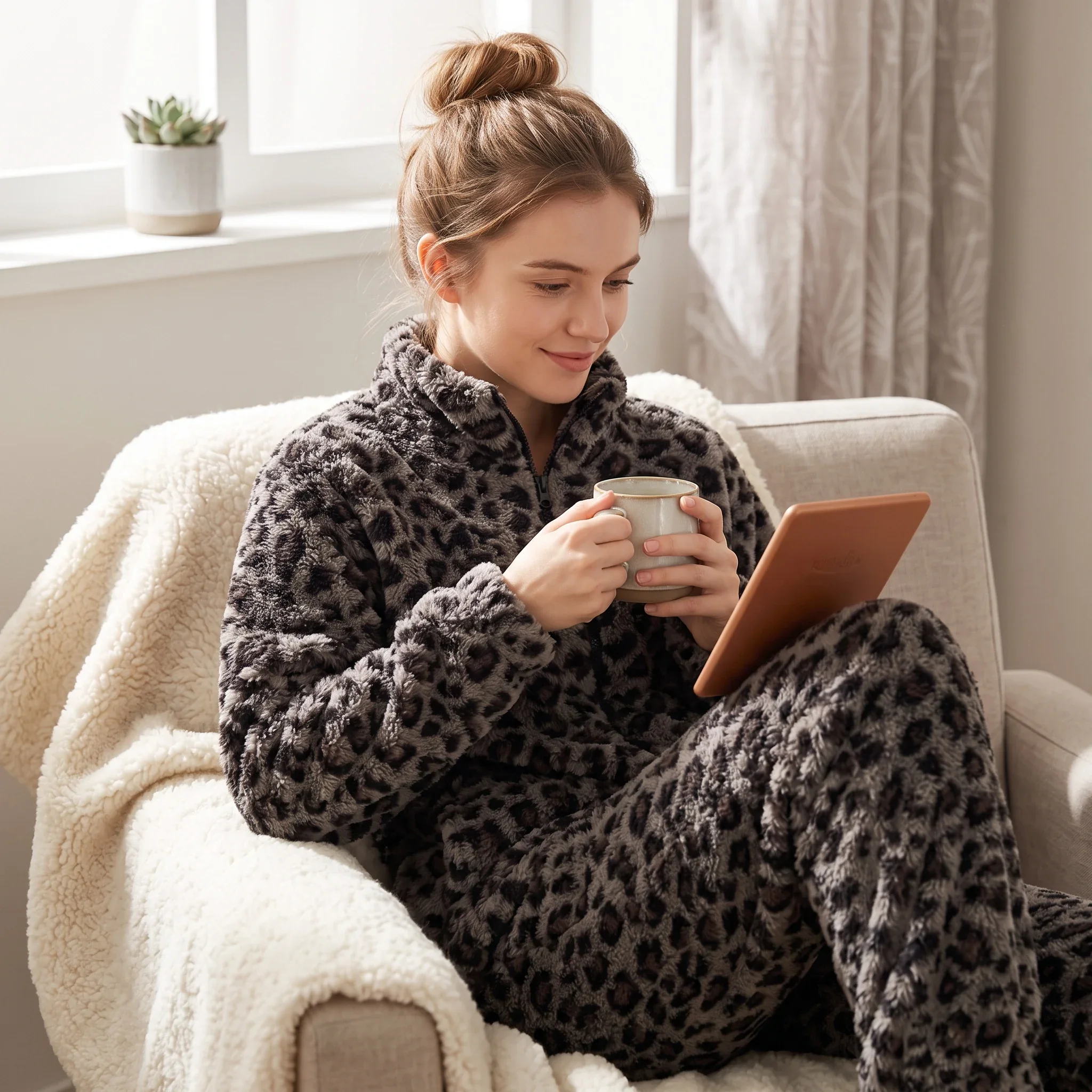 Women Leopard Print Coral Fleece Pajama Set Zipper Stand Collar Warm Thick Loungewear Home Suit Winter Outwear Sleepwear