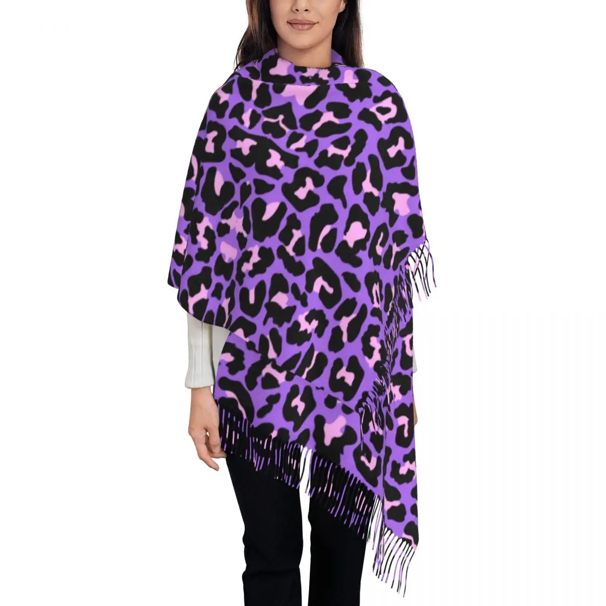 Neon Purple And Pink Leopard Seamless Pattern Scarf Women Fashion Winter Shawl Wraps Animal Cheetah Tassel Wraps