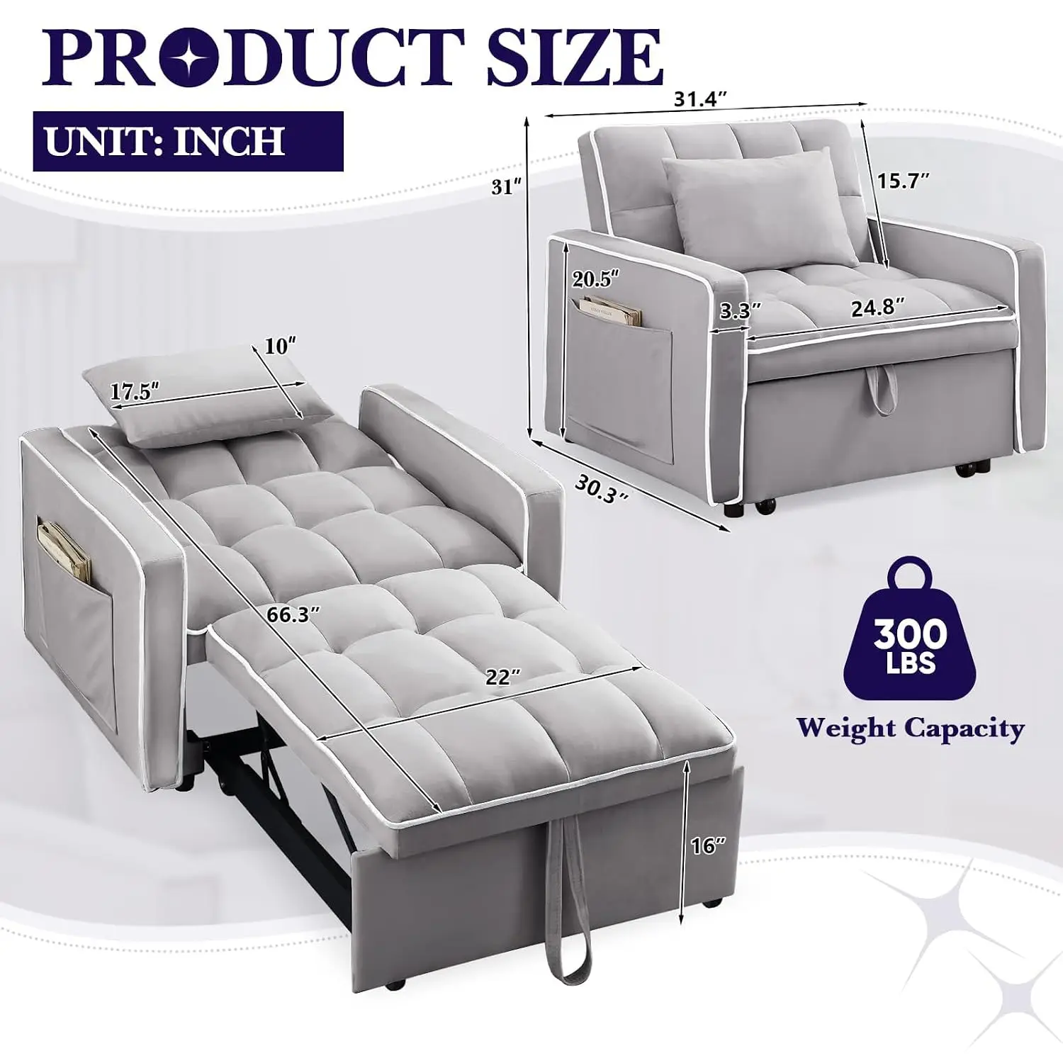 Velvet Sleeper Chair Bed, 3-in-1 Pull Out Sofa with Adjustable Backrest & Pillow for Living Room Office, Grey, Customized