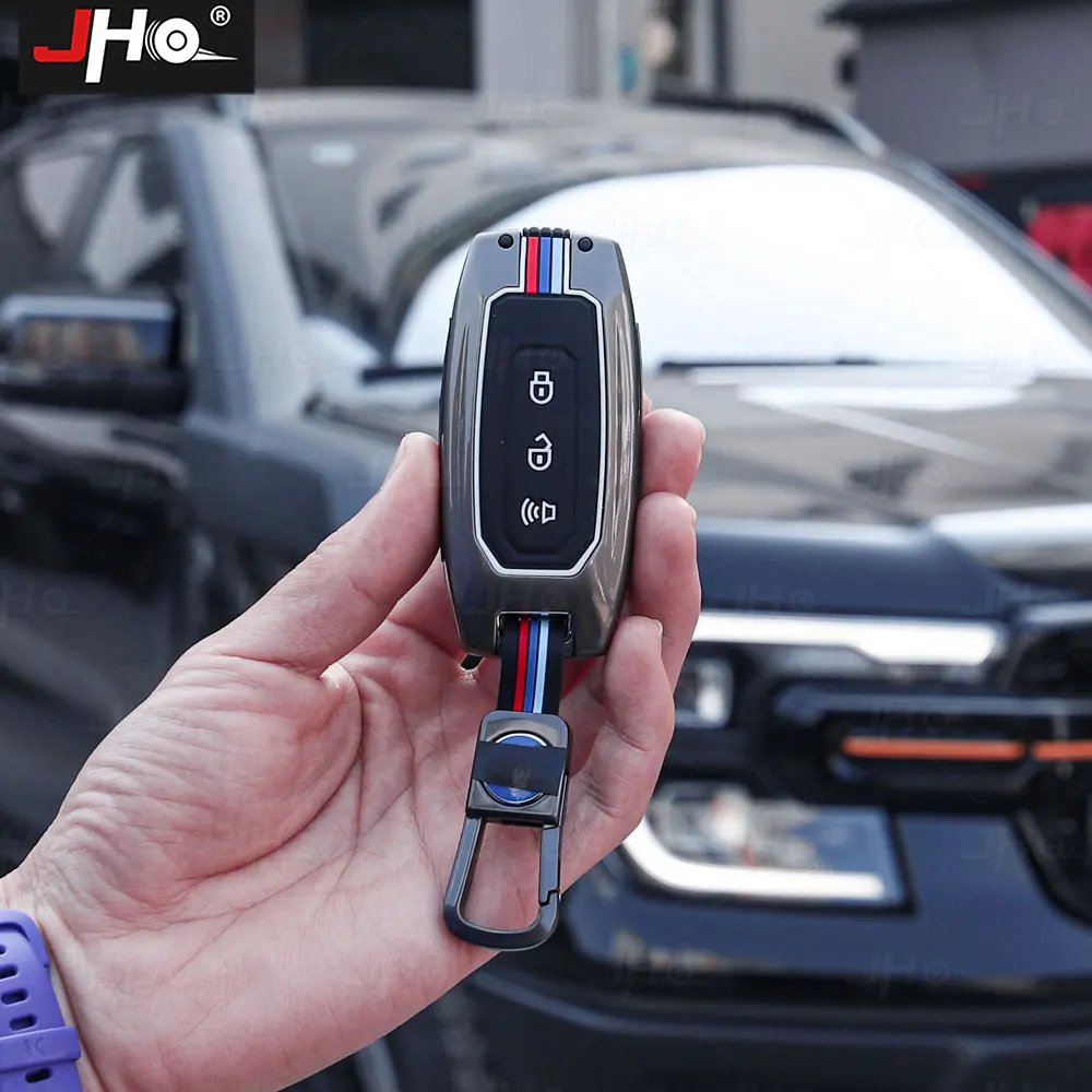 JHO Alloy Car Key Case Cover Silver Protective Trim Hardcore Style Fit for Ford Ranger 2019-2024 Decorate Accessories