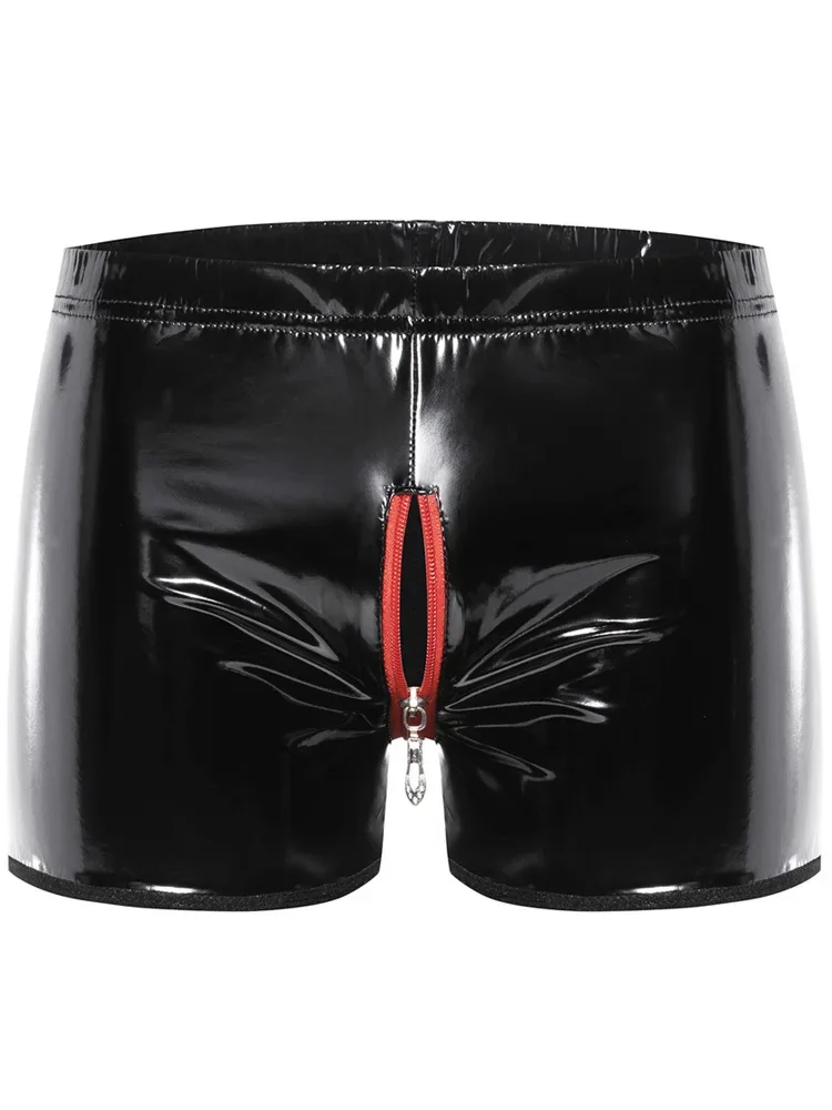 

S-5XL Shiny Faux PU Leather Boxershorts Zipper Open Crotch Shorts Mens Boxer Briefs Tights Hot Sexy Trunks Calzoncillo Underwear
