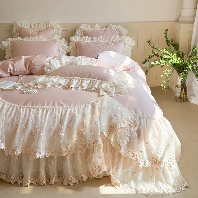 Master Bedroom Princess Style Cotton Bed Cover Four Piece Set French Romantic Lace Duvet Cover Thickened Cotton Bed Sheet
