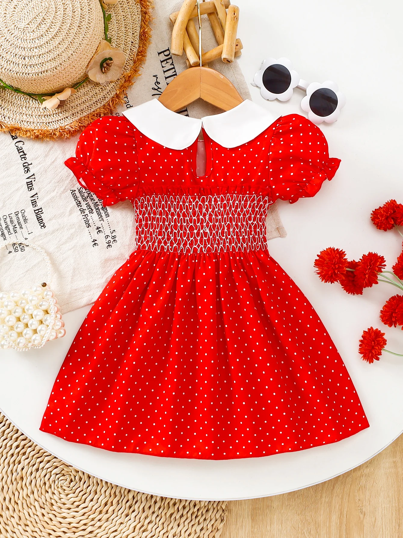 Adorable Trendy SS2026 Baby Girl Red Polka Dot Peter Pan Collar Puff Sleeve Dress (0-4Y): Soft Cotton, Perfect for Birthday Part