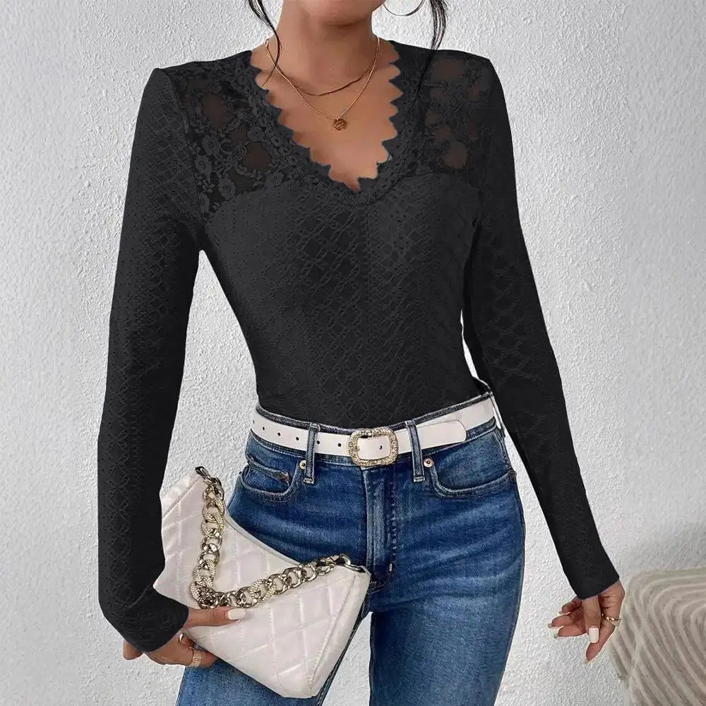 เสื้อยืดแขนยาวผู้หญิง ผ้าลูกไม้ ดีไซน์ต่อผ้า สีพื้น ทรงเข้ารูป ผ้าโพลีเอสเตอร์ เหมาะสำหรับใส่ทำงาน แฟชั่นฤดูใบไม้ผลิ