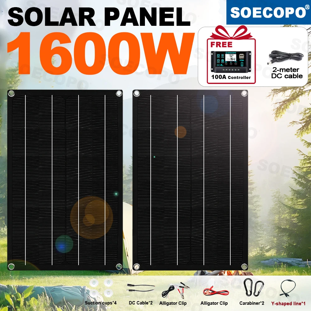 

SOECOPO 1600W Portable Solar Panel Kit 18V Flexible solar Panels*2 for Camping Includes Free 100A Controller 2-meter cable