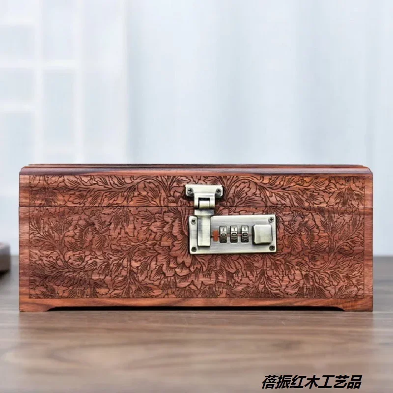 Luxury Carved Password Jewelry Box Storage Organizer Case Red Sandalwood Vintage Jewelry Storage Box Earrings Display Gift Ideas