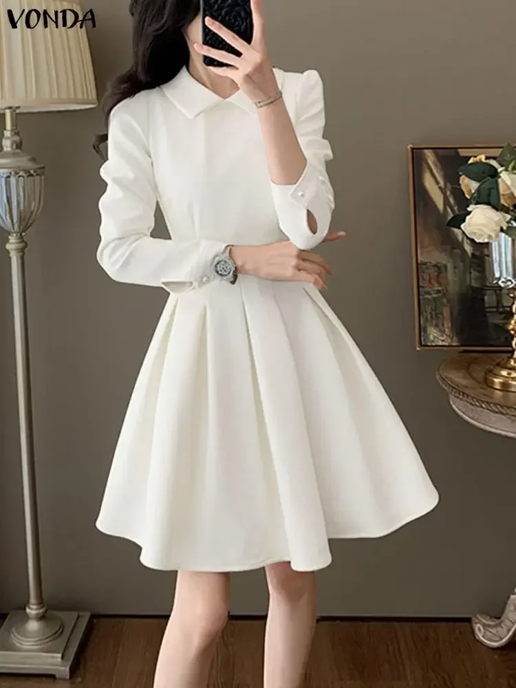 

Плюс размер 5XL VONDA элегантные офисные модные платья женские с длинным рукавом с лацканами вечерние Vestidos осенний плиссированный однотонный короткий сарафан