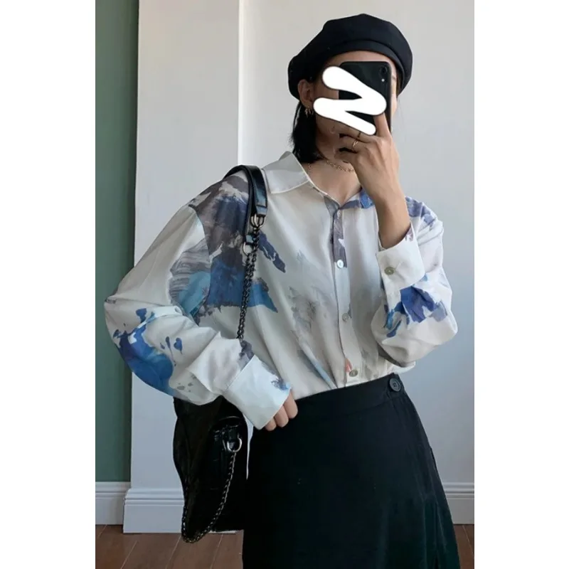 

Spring Summer Abstract Ink Print Button Up Shirt Women Long Sleeve Lightweight Chiffon Blouse Artistic Casual Top