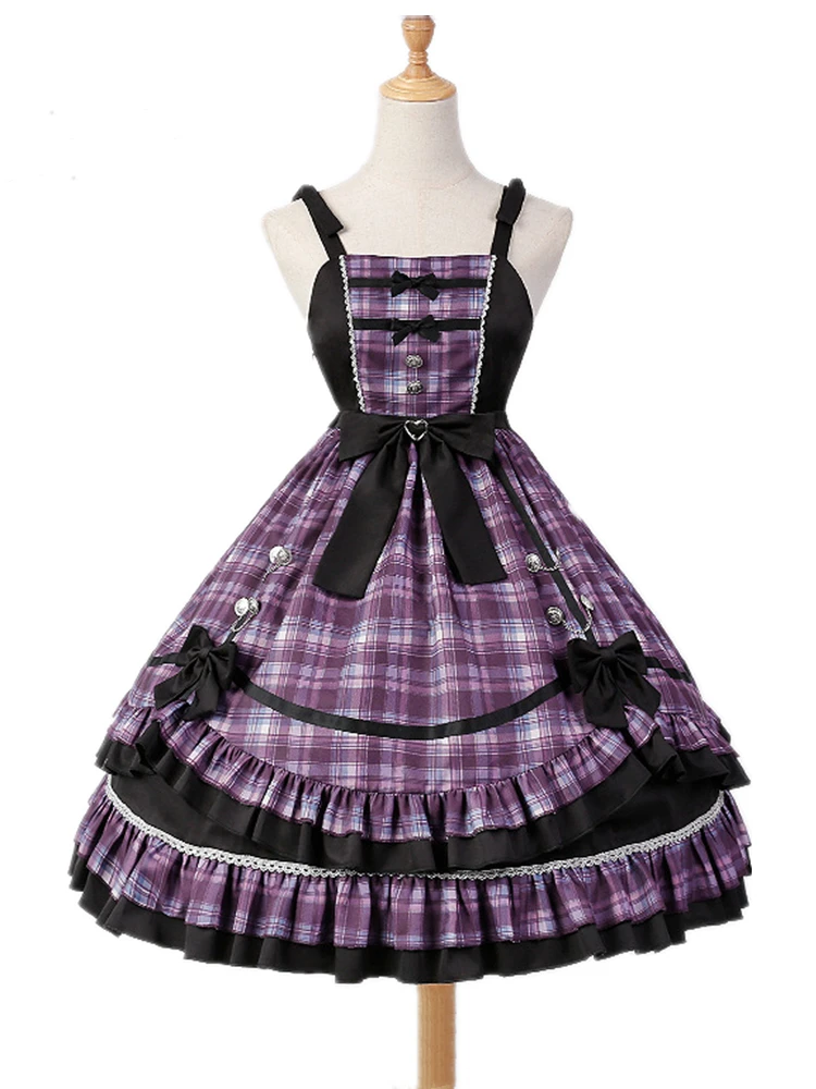 Lolita Girls JSK JSK Vestido com cintas de espaguete, comprimento do joelho, arcos xadrez roxo, babados, neckwear opcional, traje de canto, mulheres doces