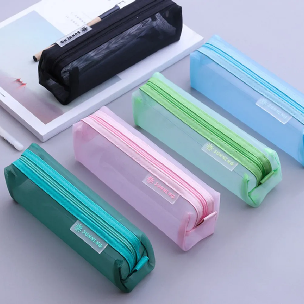 Pink Transparent Pencil Bag Nylon Mesh Pen Container Lightweight for Student School Supplies Pencil Case Mesh Pen Holder
