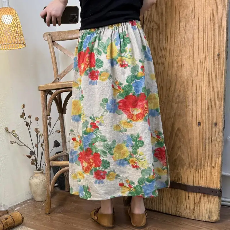 Frühling Sommer Kunst Stil Frauen Elastische Taille Lose A-linie Röcke Vintage Floral Print Baumwolle Leinen Langen Rock Hohe Qualität TH138