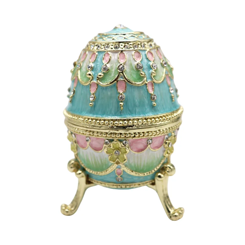 

Faberge Egg Style Hand Painted Enameled Easter Egg music box light blue egg Decorative with Hinged Home Decoration